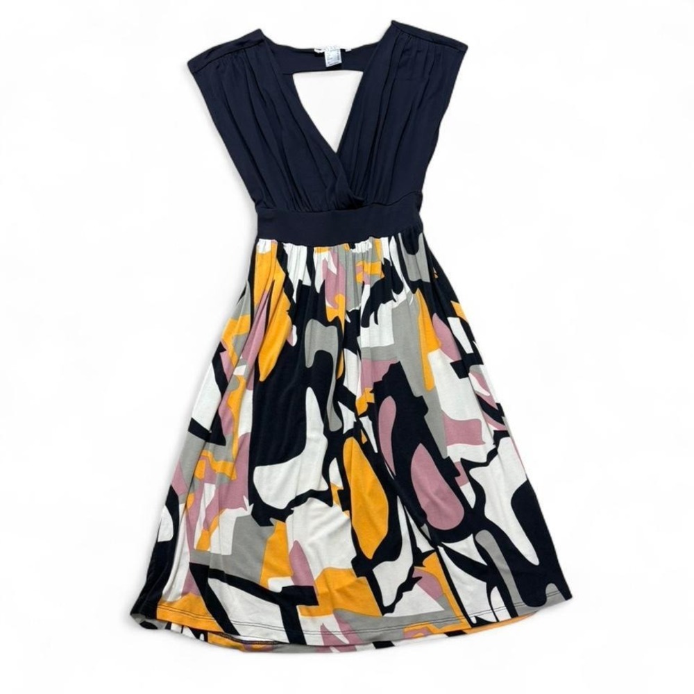 Venus Lascana Dress Navy Wrap Ruched Pleated Abstract Artsy resortwear Size S - Picture 3 of 7